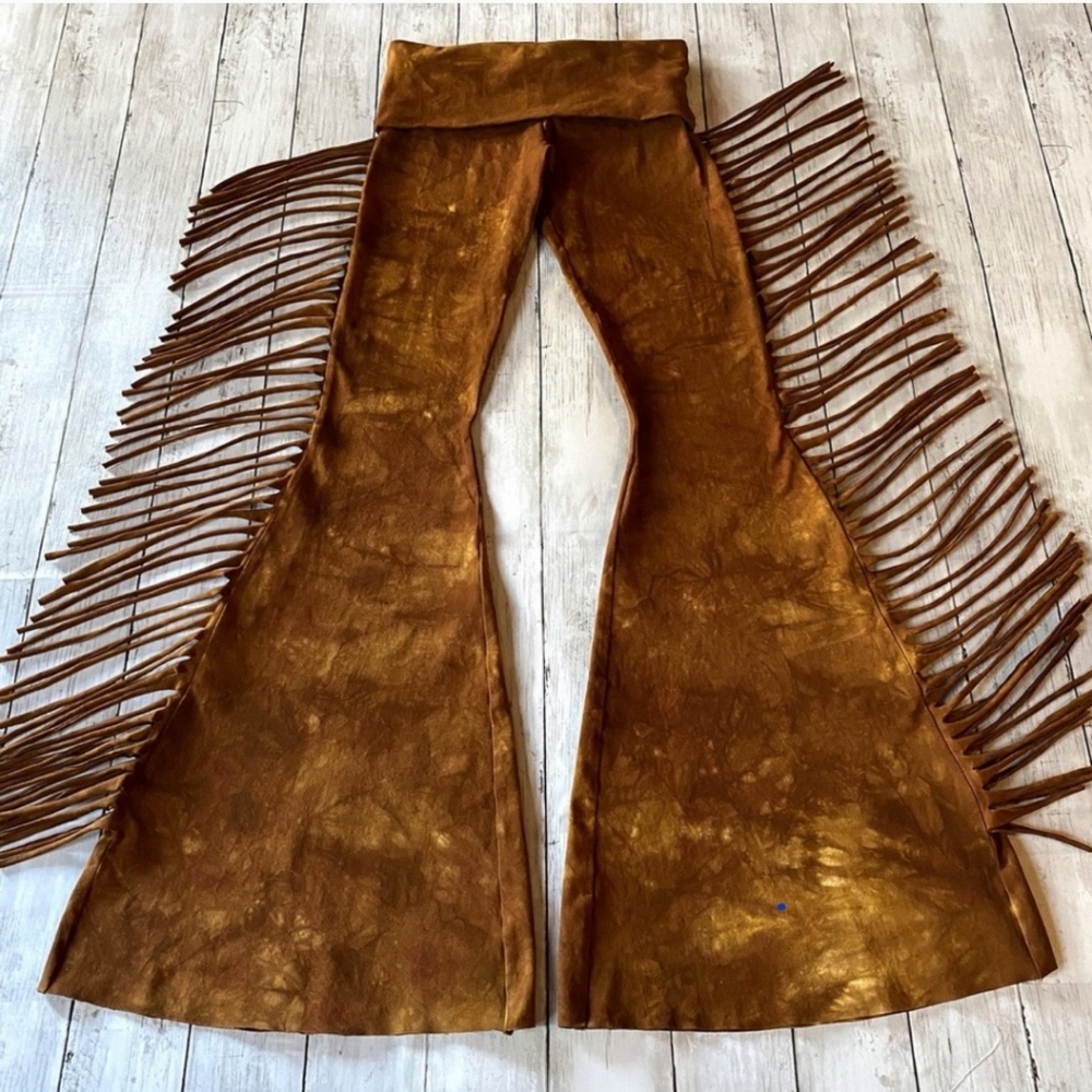SHORT LENGTH Hip Hugger Fringe Bell Bottoms in GOLDEN BROWN TIE DYE XS S M L XL - Picture 6 of 14